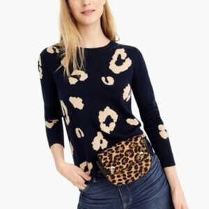 J. Crew Navy and Tan Leopard Print Cashmere Sweater
